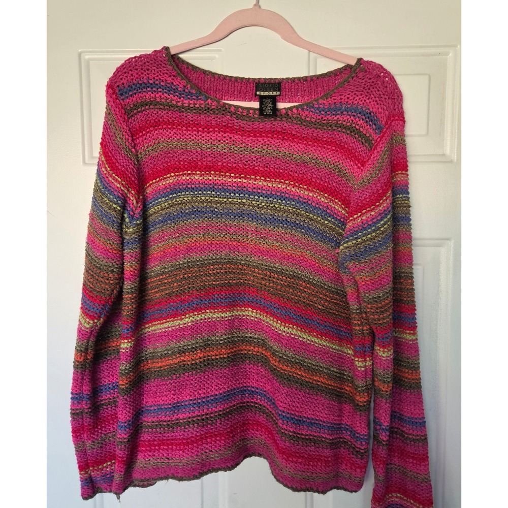 Sigrid Olsen Sport Womens Large Pink Striped Knit Crewneck Sweater Long Sleeve